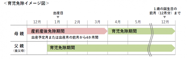 育児免除期間のイメージ図（母親の期間と父親または養父母の期間）