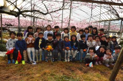 満開の桃の花と、さくらんぼ保育園の子どもたち
